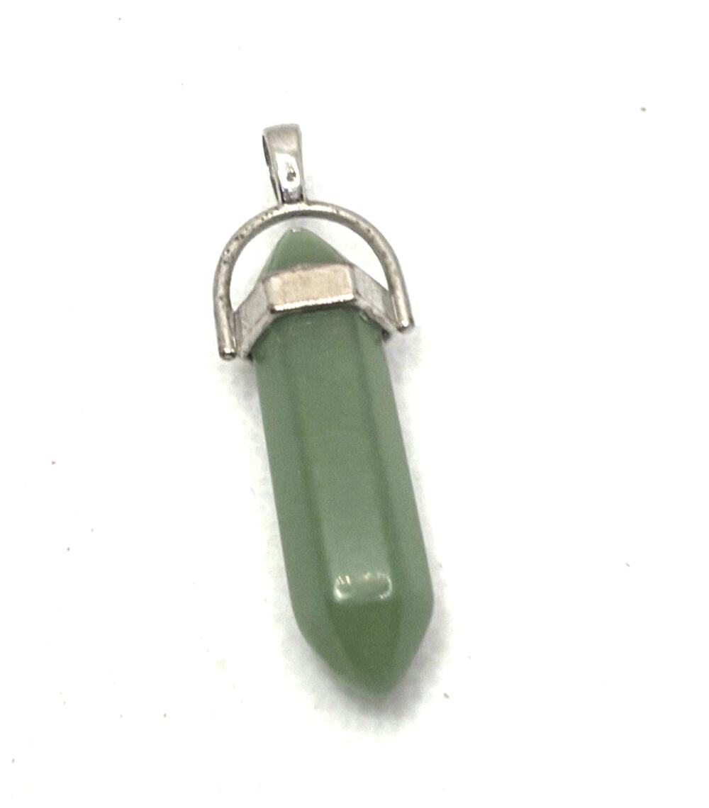 Vintage Green Aventurine Hexagonal Crystal Point Pendant Silver Tone Cap 1.5"